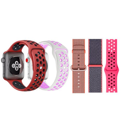 Set 5 Curele iUni compatibile cu Apple Watch 1/2/3/4/5/6/7, 44mm, Alb/Mov, Rosu/Negru, Roz, Gri/Roz,