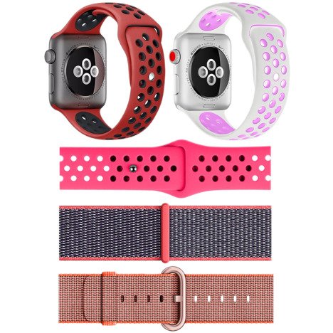 Set 5 Curele iUni compatibile cu Apple Watch 1/2/3/4/5/6/7, 44mm, Alb/Mov, Rosu/Negru, Roz, Gri/Roz,